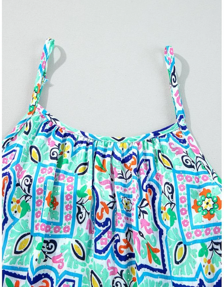 White Rhinestone Boho Floral Printed Spaghetti Strap Tank Top