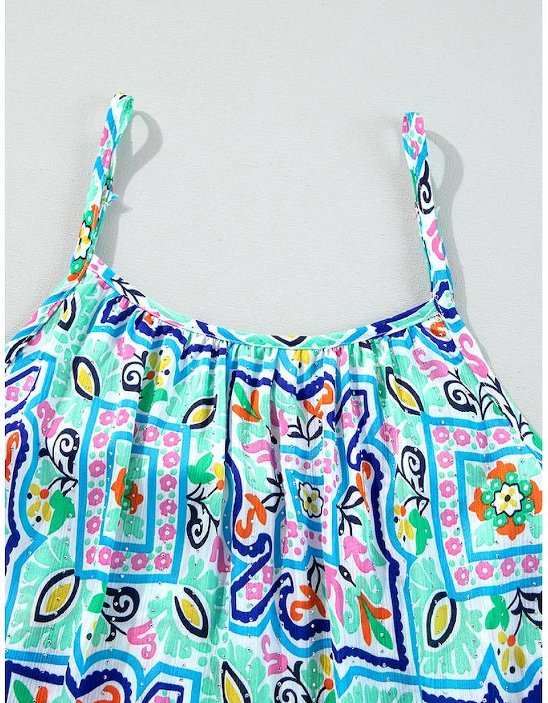 White Rhinestone Boho Floral Printed Spaghetti Strap Tank Top