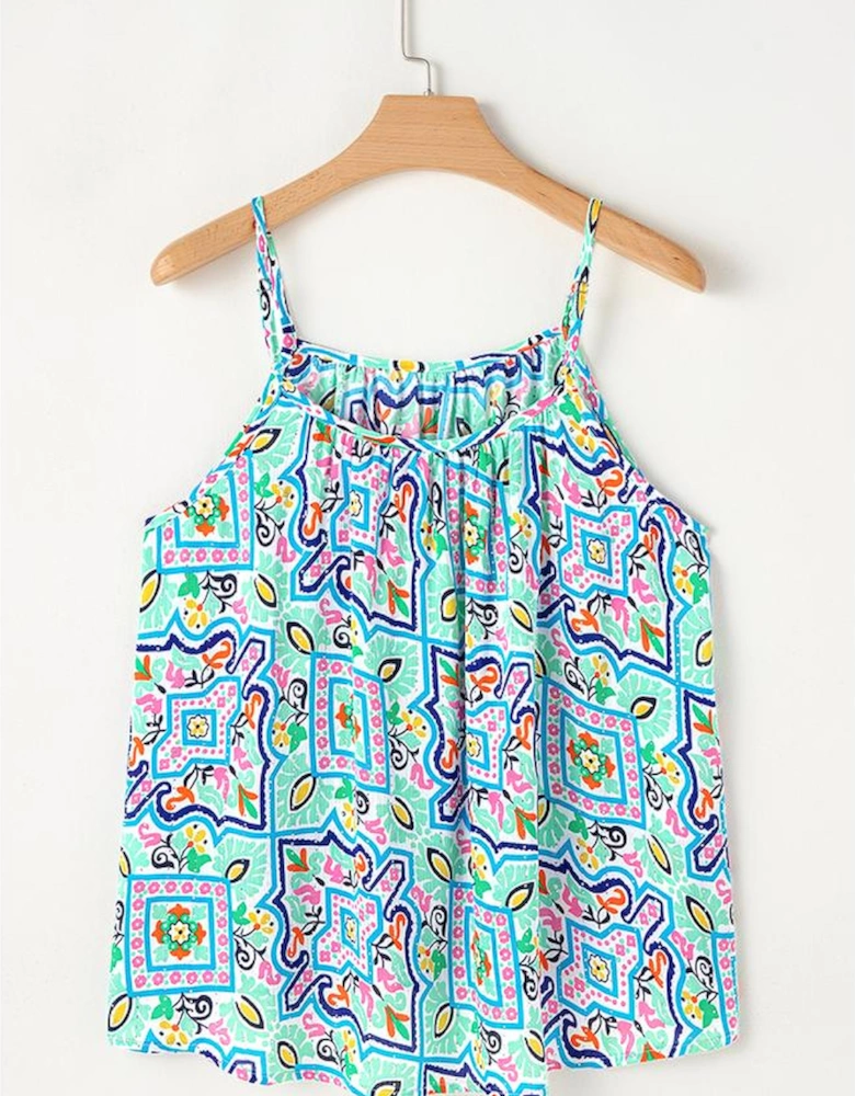 White Rhinestone Boho Floral Printed Spaghetti Strap Tank Top