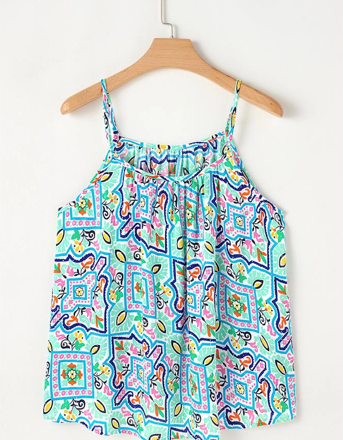 White Rhinestone Boho Floral Printed Spaghetti Strap Tank Top