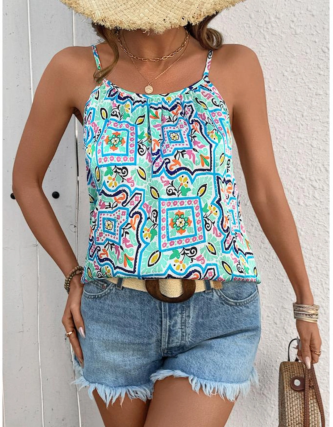 White Rhinestone Boho Floral Printed Spaghetti Strap Tank Top