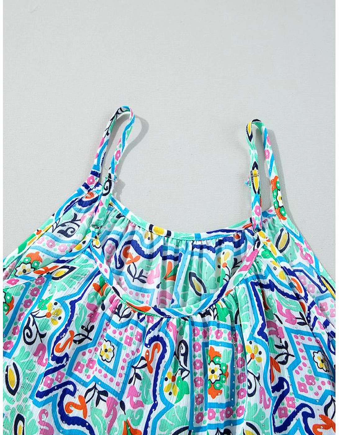 White Rhinestone Boho Floral Printed Spaghetti Strap Tank Top