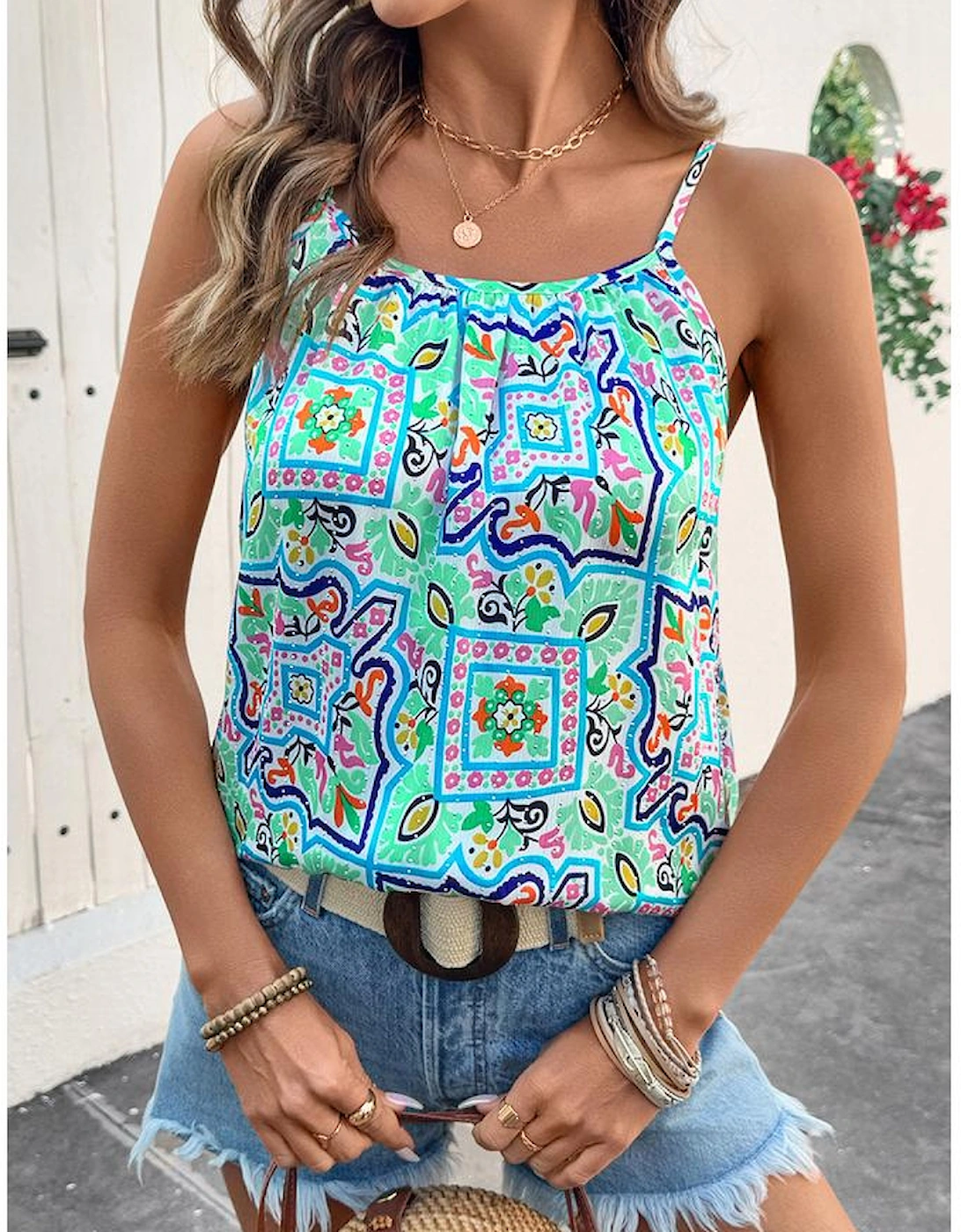 White Rhinestone Boho Floral Printed Spaghetti Strap Tank Top