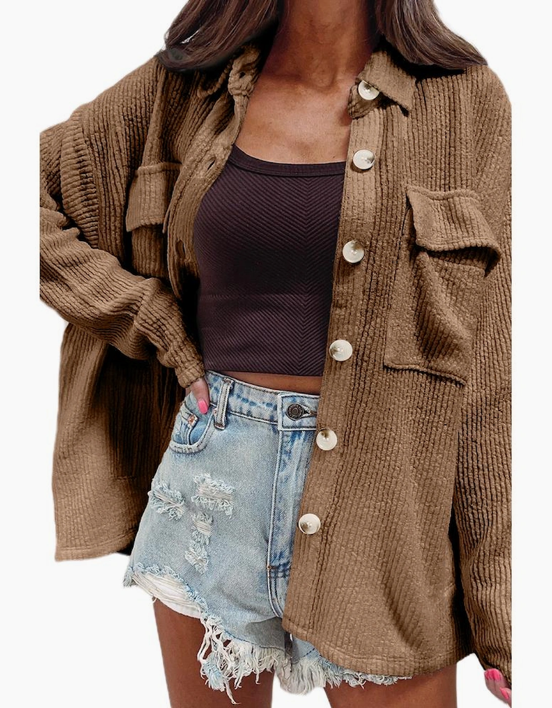 Dark Khaki Solid Color Corduroy Buttoned Long Sleeve Shacket, 13 of 12