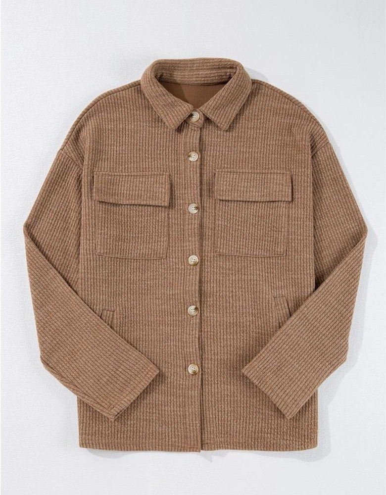 Dark Khaki Solid Color Corduroy Buttoned Long Sleeve Shacket