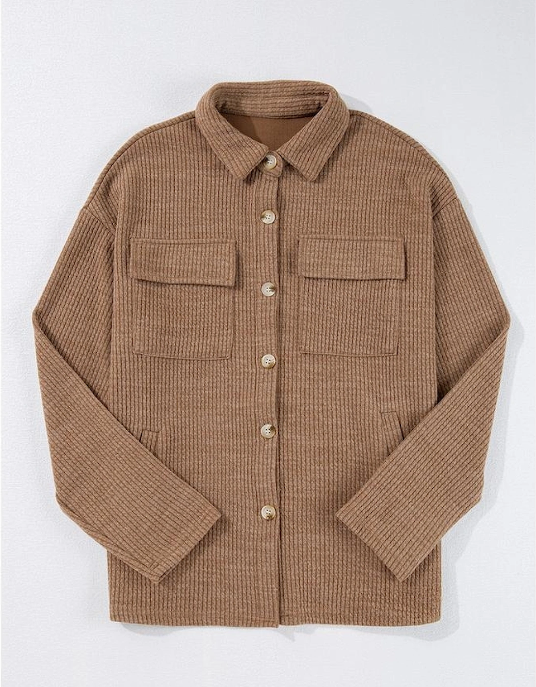 Dark Khaki Solid Color Corduroy Buttoned Long Sleeve Shacket
