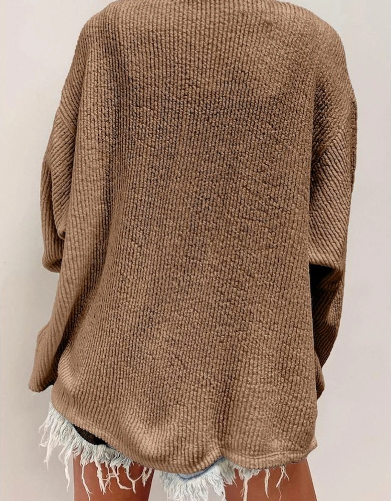 Dark Khaki Solid Color Corduroy Buttoned Long Sleeve Shacket