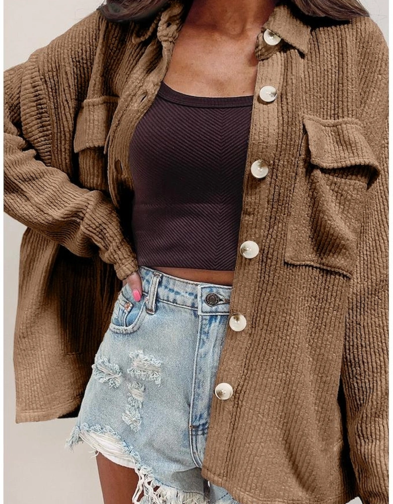 Dark Khaki Solid Color Corduroy Buttoned Long Sleeve Shacket