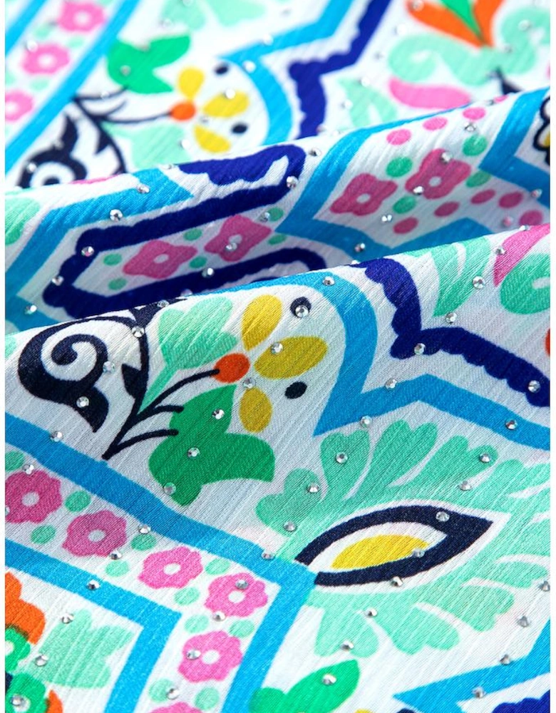 White Rhinestone Boho Floral Printed Spaghetti Strap Tank Top