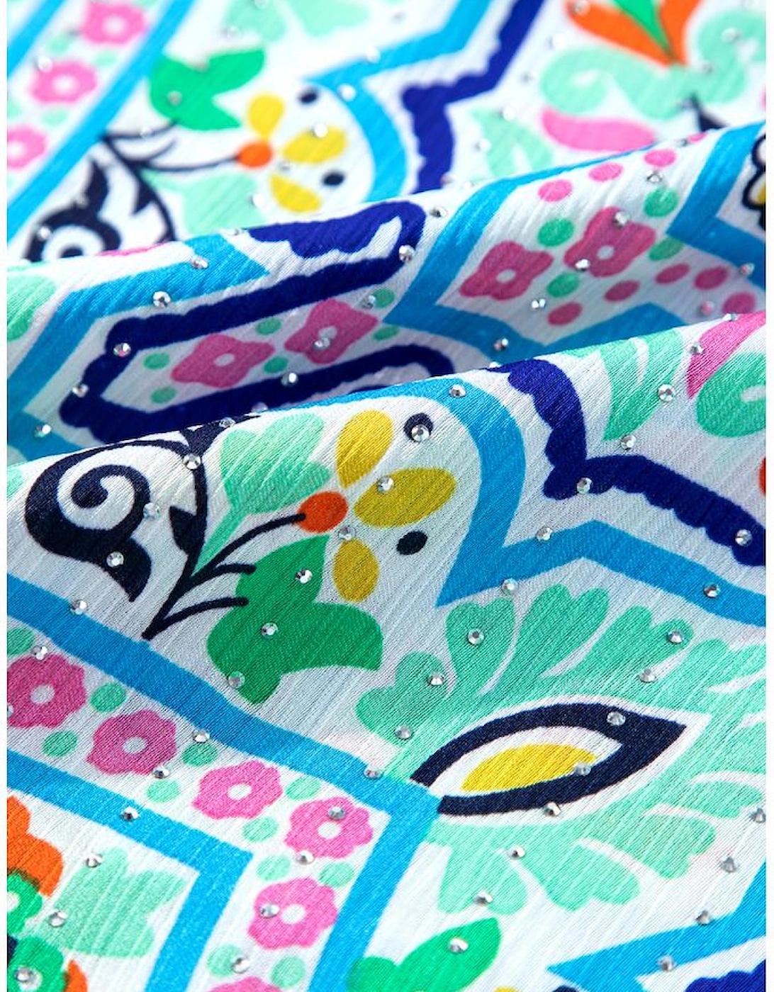 White Rhinestone Boho Floral Printed Spaghetti Strap Tank Top