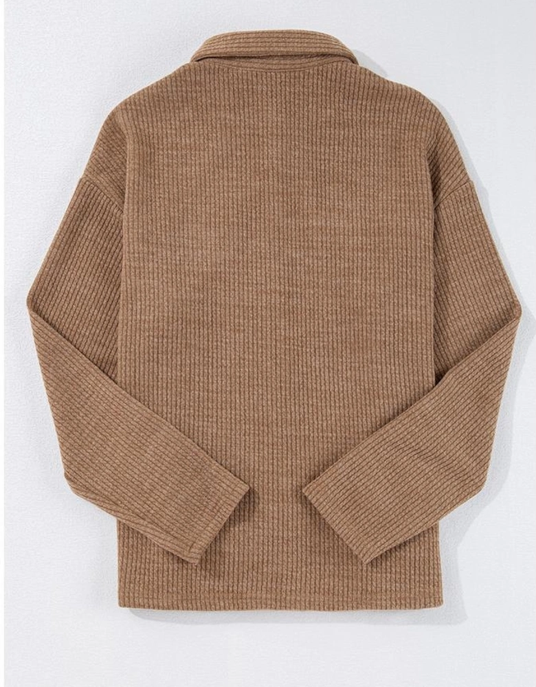 Dark Khaki Solid Color Corduroy Buttoned Long Sleeve Shacket