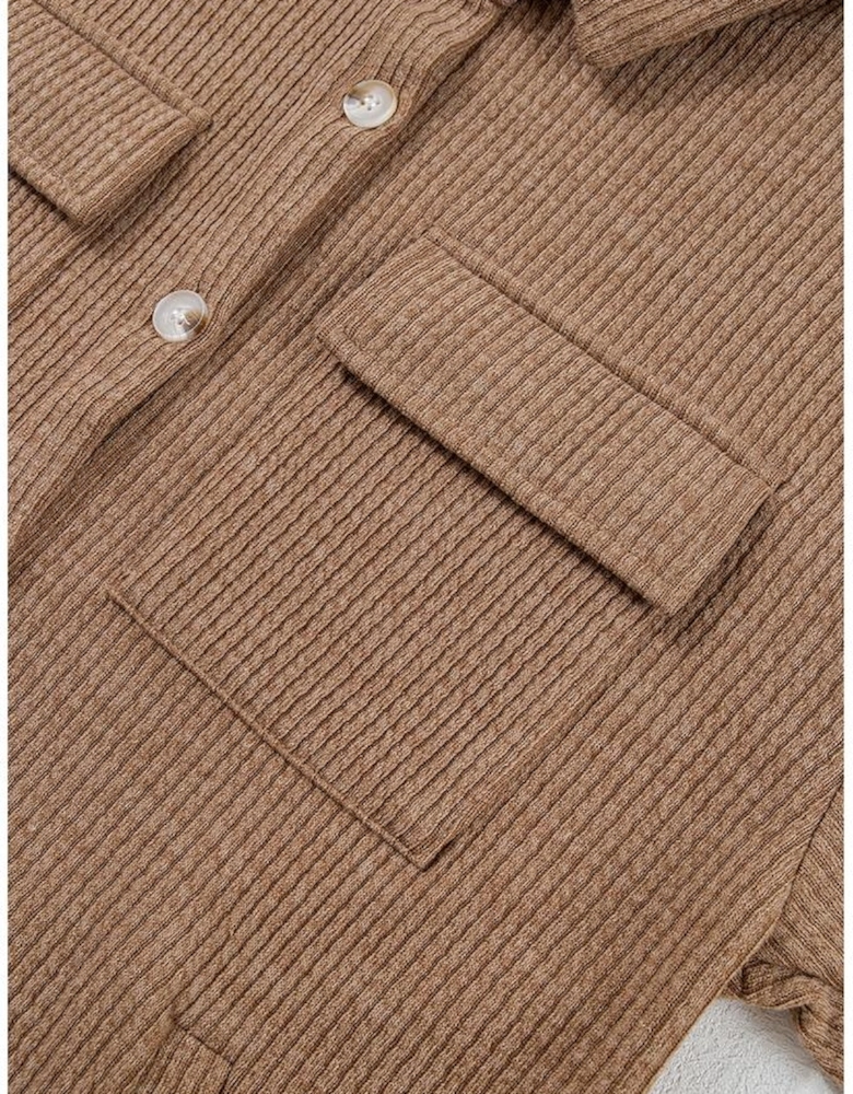 Dark Khaki Solid Color Corduroy Buttoned Long Sleeve Shacket