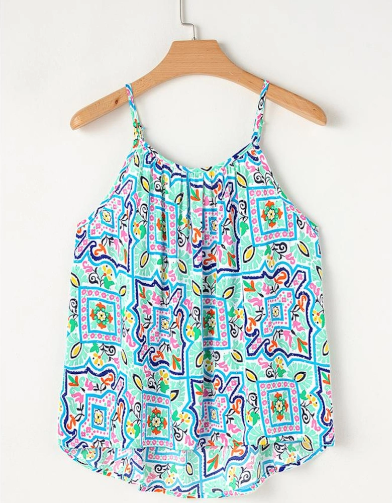 White Rhinestone Boho Floral Printed Spaghetti Strap Tank Top