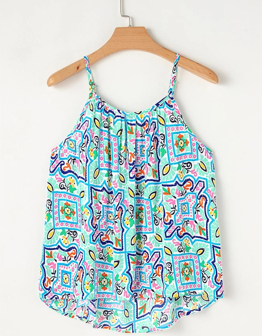 White Rhinestone Boho Floral Printed Spaghetti Strap Tank Top