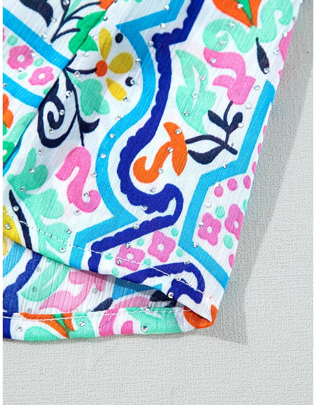 White Rhinestone Boho Floral Printed Spaghetti Strap Tank Top