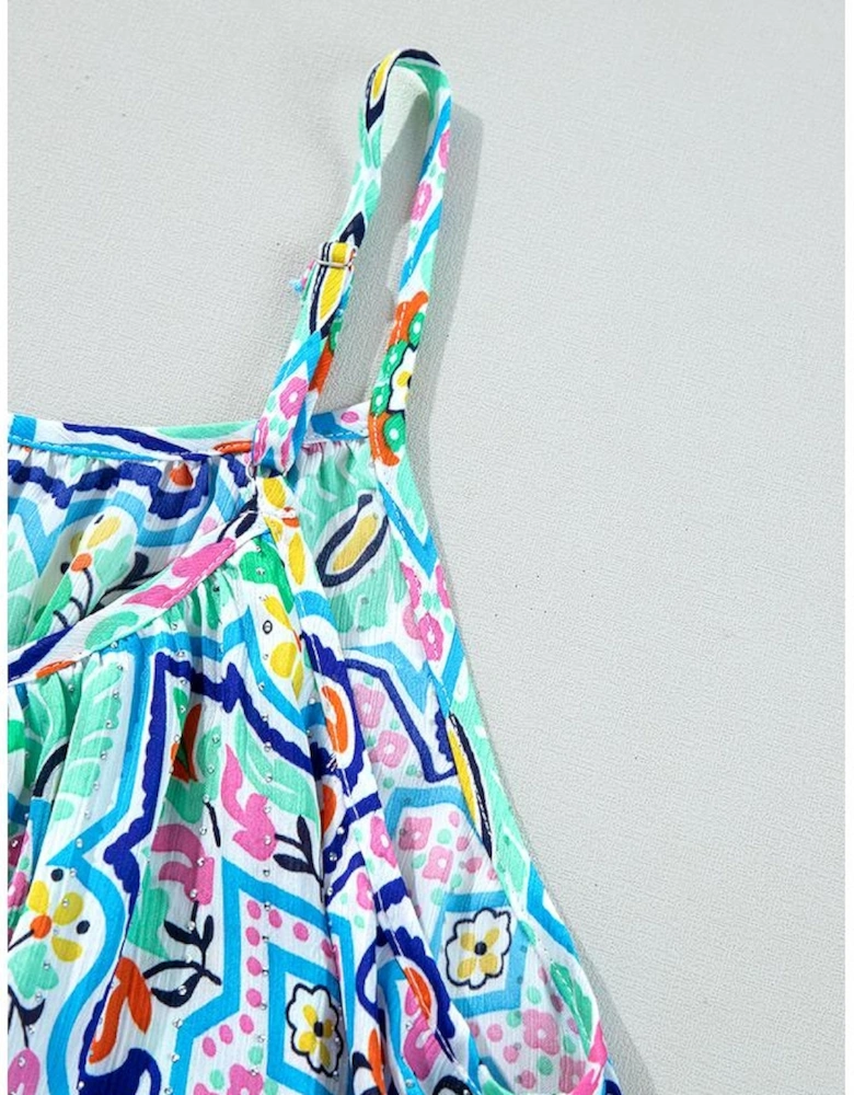 White Rhinestone Boho Floral Printed Spaghetti Strap Tank Top