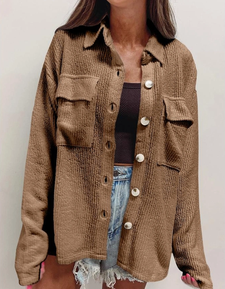 Dark Khaki Solid Color Corduroy Buttoned Long Sleeve Shacket