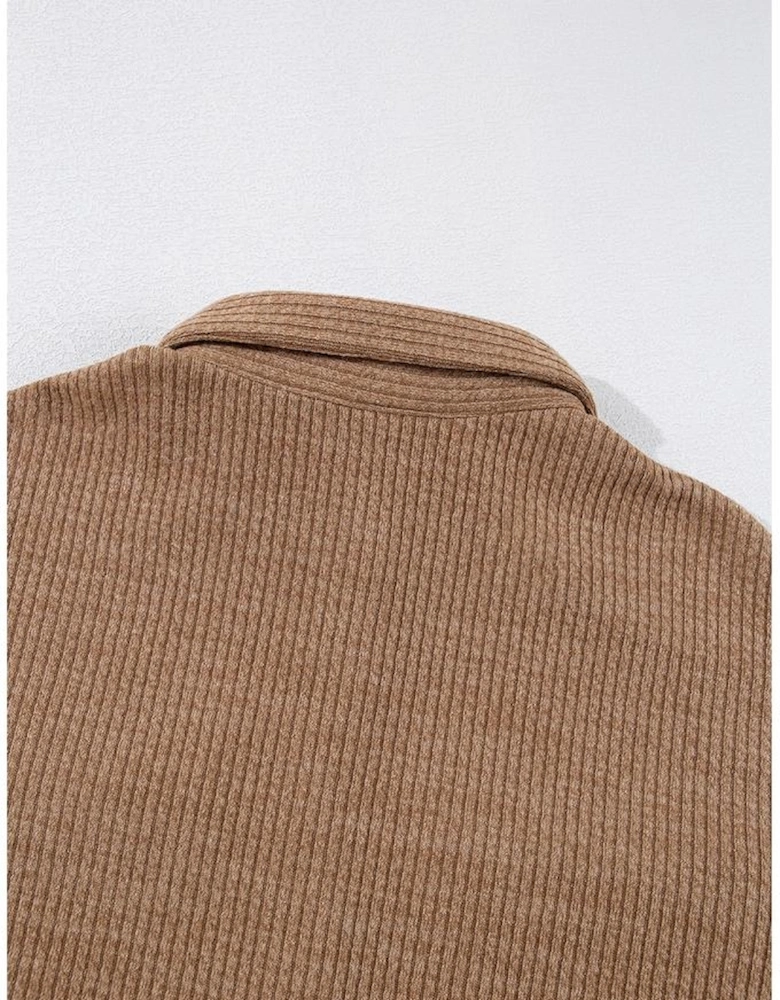 Dark Khaki Solid Color Corduroy Buttoned Long Sleeve Shacket