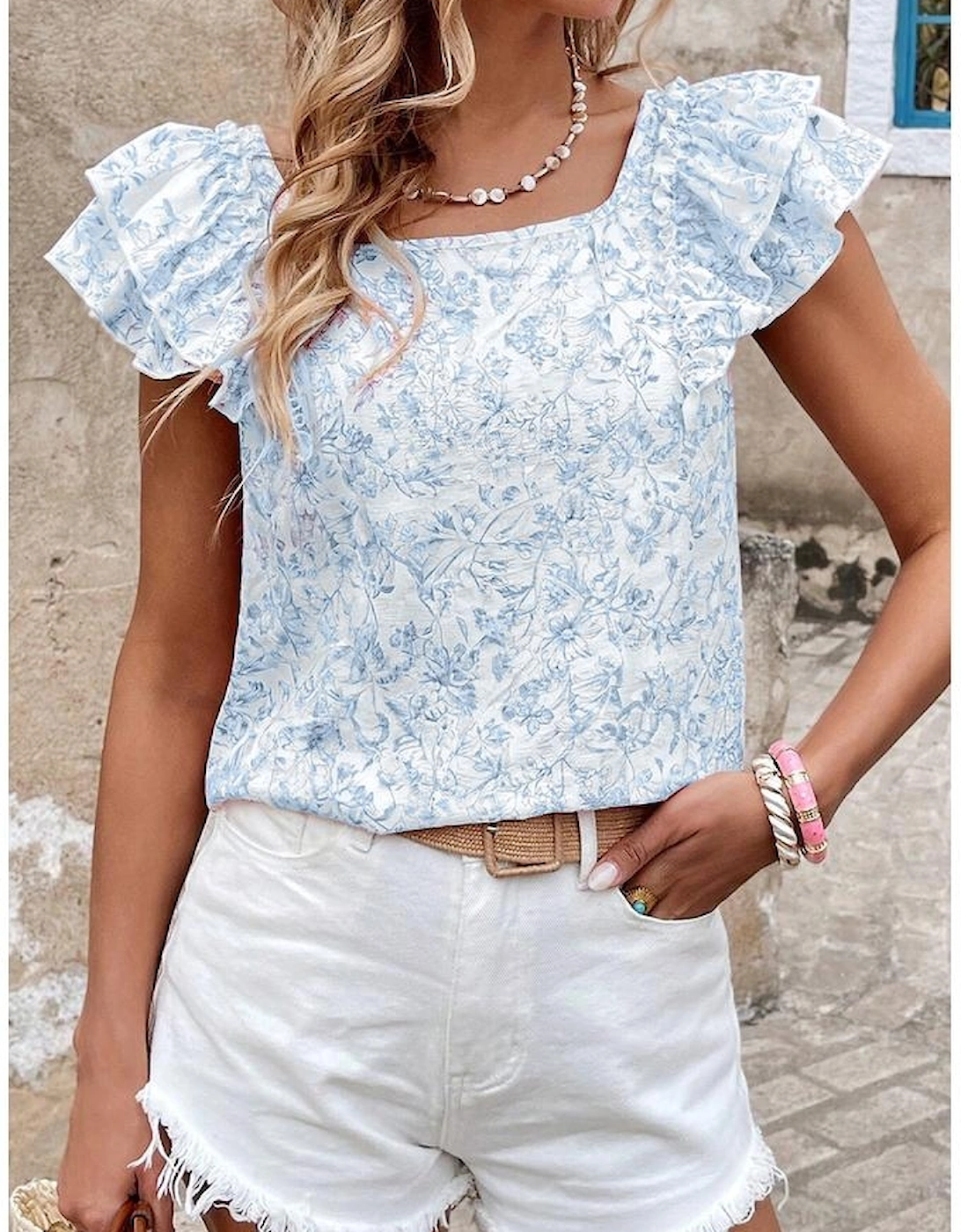 Sky Blue Floral Ruffled Short Sleeve Bow Back Square Neck Blouse, 5 of 4