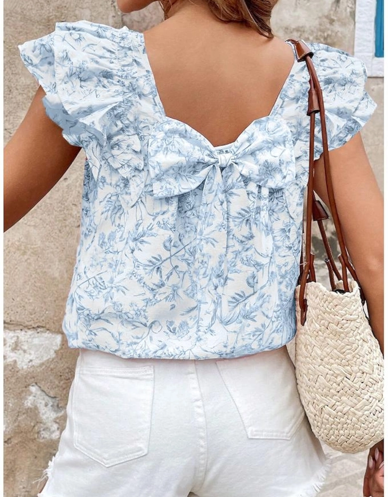 Sky Blue Floral Ruffled Short Sleeve Bow Back Square Neck Blouse