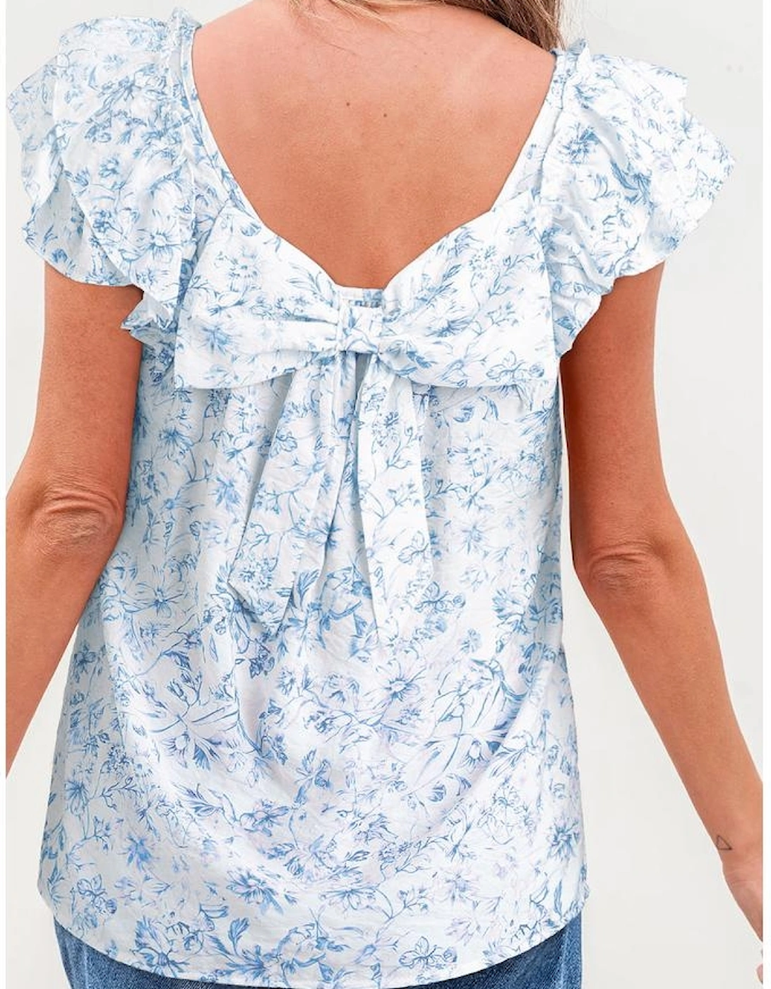 Sky Blue Floral Ruffled Short Sleeve Bow Back Square Neck Blouse
