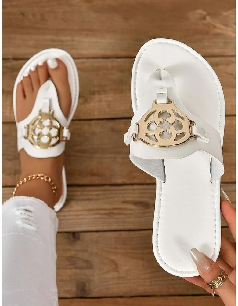 White Metal Decor Leather Thong Slippers
