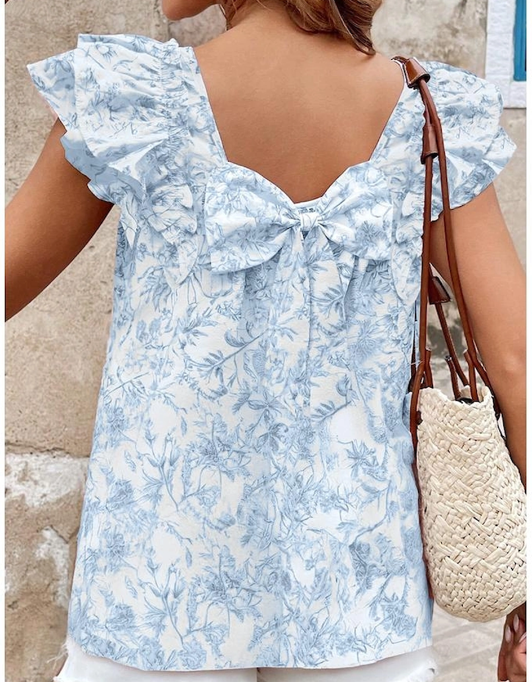 Sky Blue Floral Ruffled Short Sleeve Bow Back Square Neck Blouse
