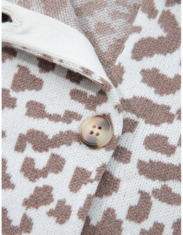 Khaki Leopard Drop Shoulder Chunky Knitted Cardigan Sweater