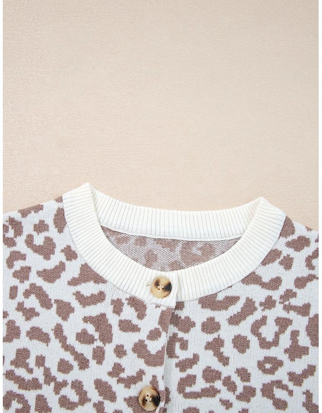 Khaki Leopard Drop Shoulder Chunky Knitted Cardigan Sweater