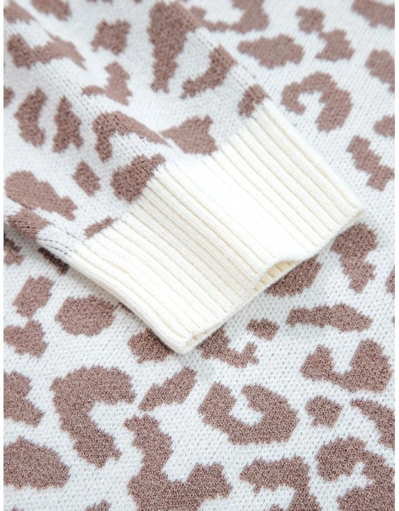 Khaki Leopard Drop Shoulder Chunky Knitted Cardigan Sweater