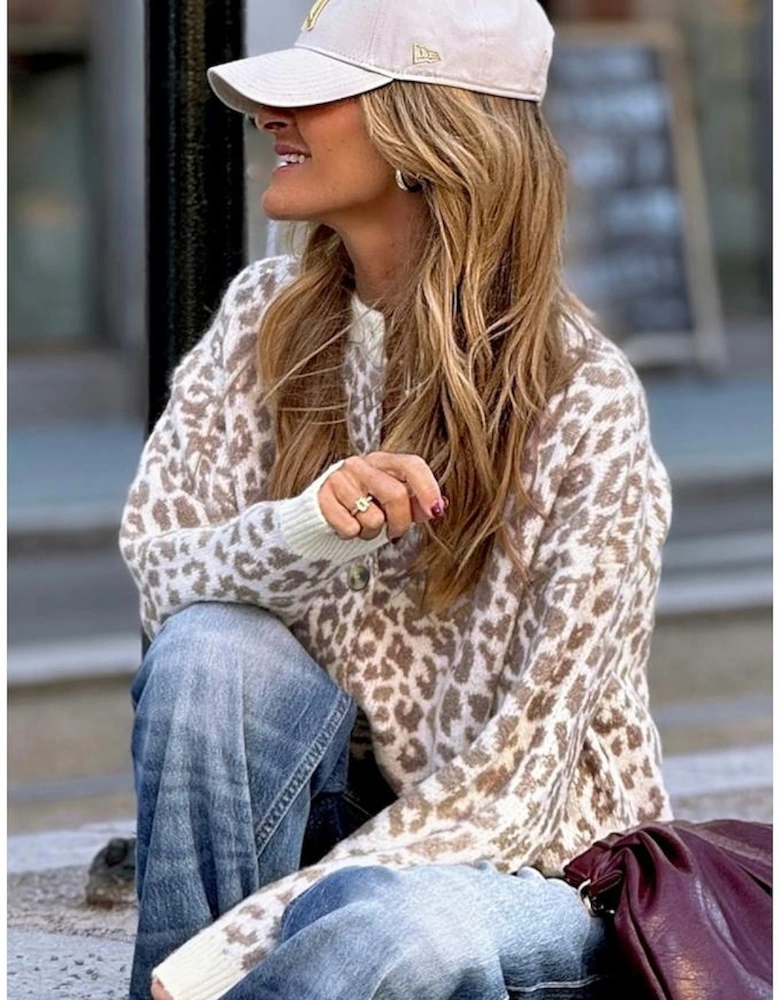 Khaki Leopard Drop Shoulder Chunky Knitted Cardigan Sweater