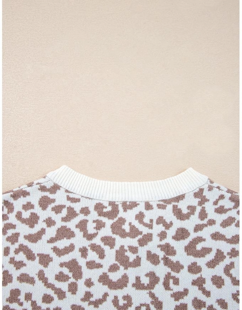 Khaki Leopard Drop Shoulder Chunky Knitted Cardigan Sweater