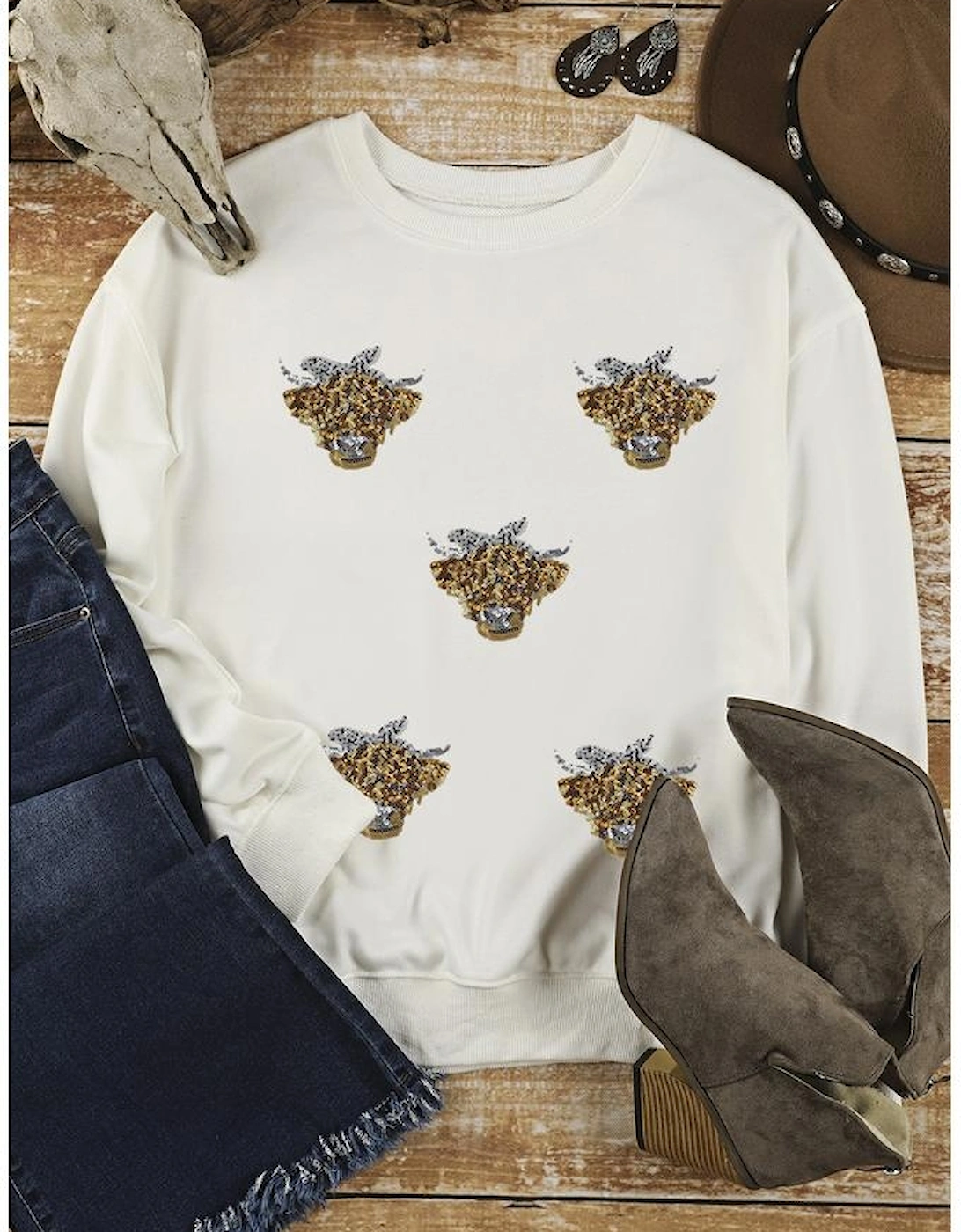 White Sequin Heifer Patched Drop Shoulder Sweatshirt, 8 of 7