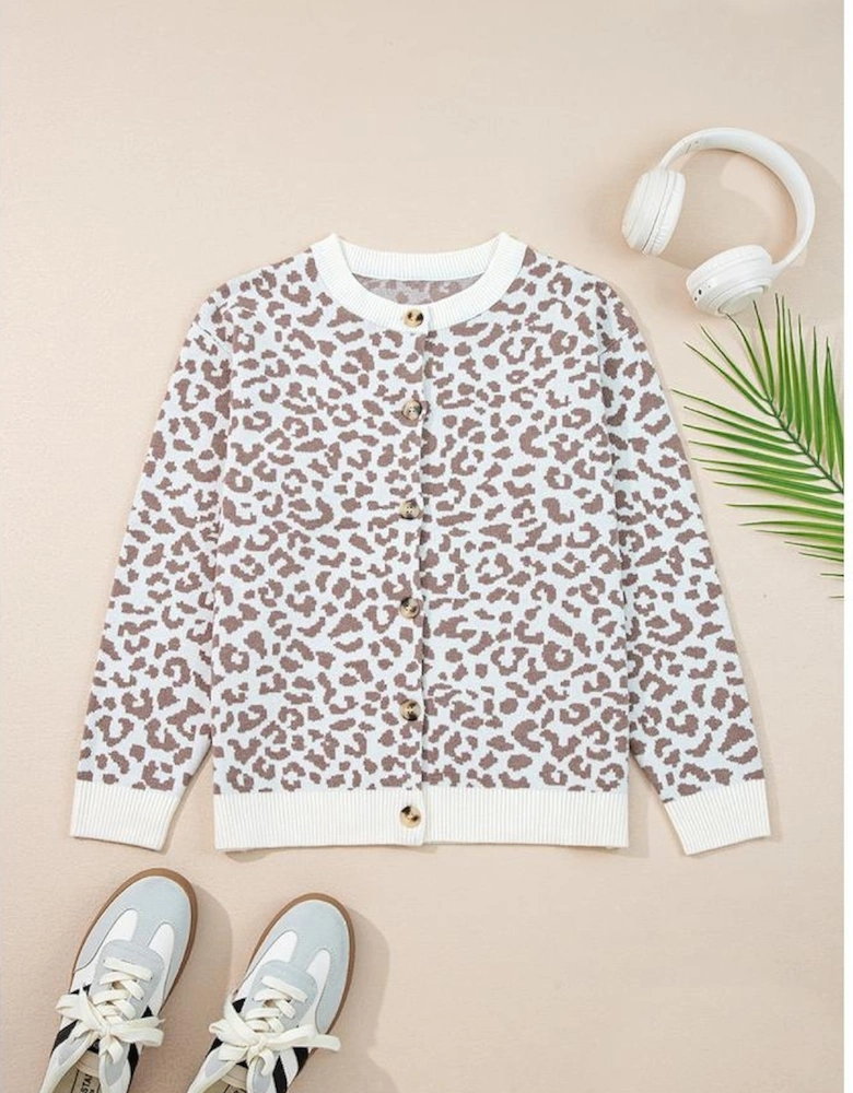 Khaki Leopard Drop Shoulder Chunky Knitted Cardigan Sweater