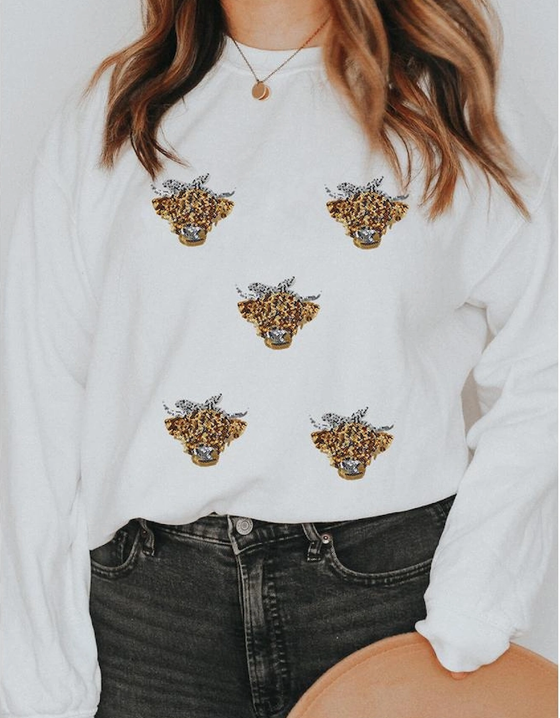 White Sequin Heifer Patched Drop Shoulder Sweatshirt