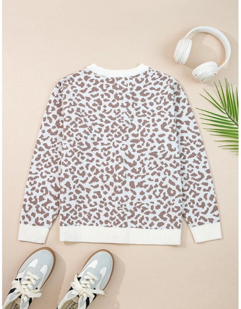 Khaki Leopard Drop Shoulder Chunky Knitted Cardigan Sweater