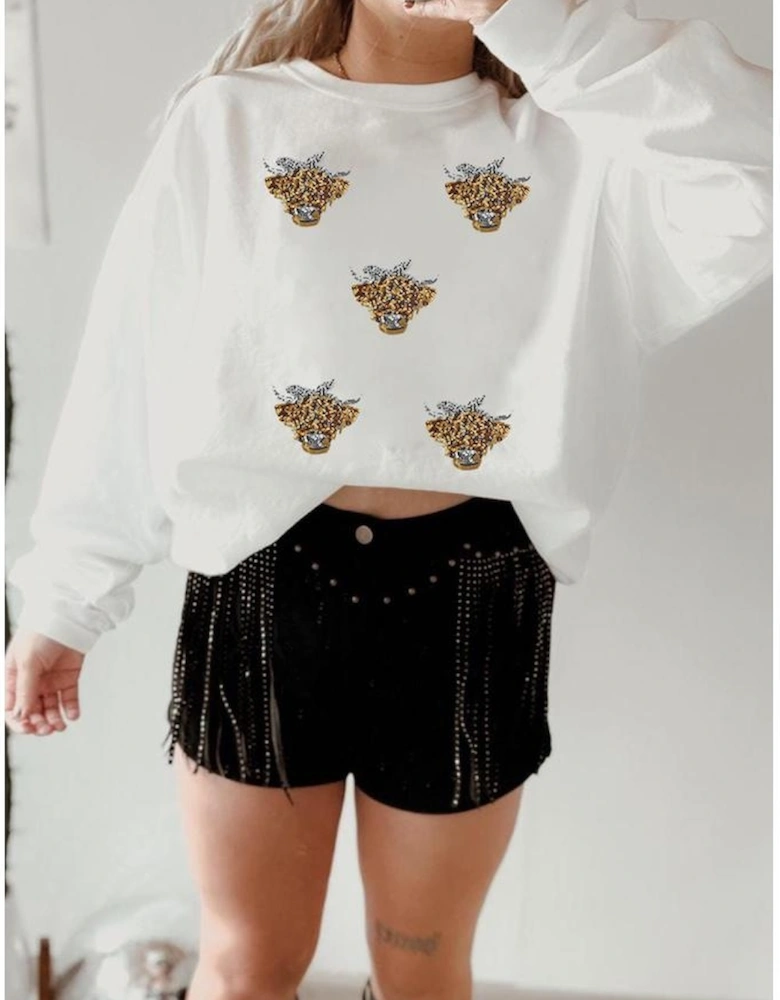 White Sequin Heifer Patched Drop Shoulder Sweatshirt