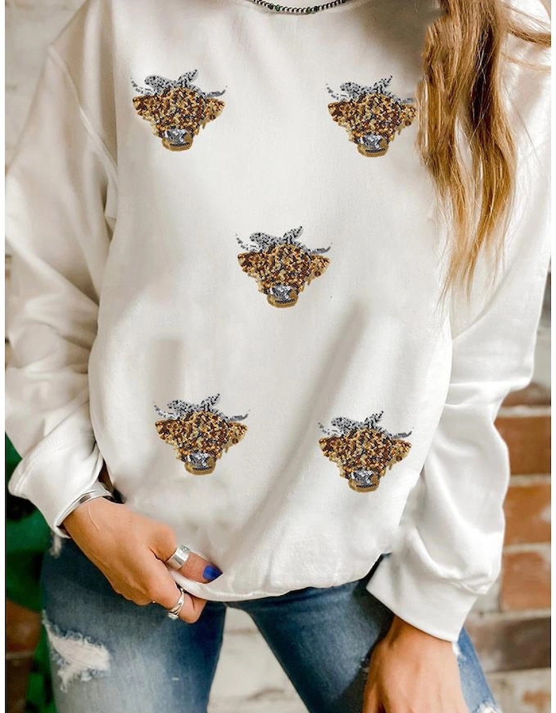 White Sequin Heifer Patched Drop Shoulder Sweatshirt