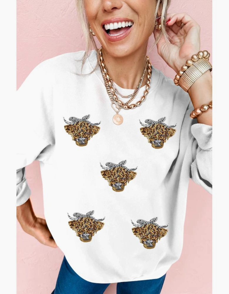 White Sequin Heifer Patched Drop Shoulder Sweatshirt