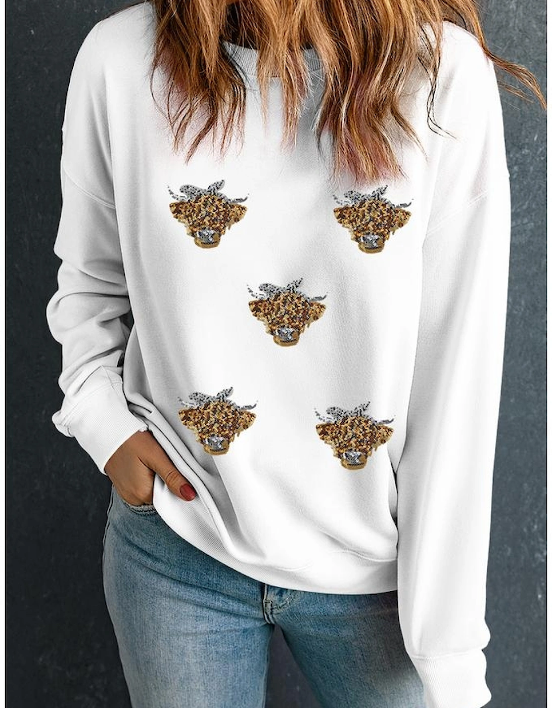 White Sequin Heifer Patched Drop Shoulder Sweatshirt