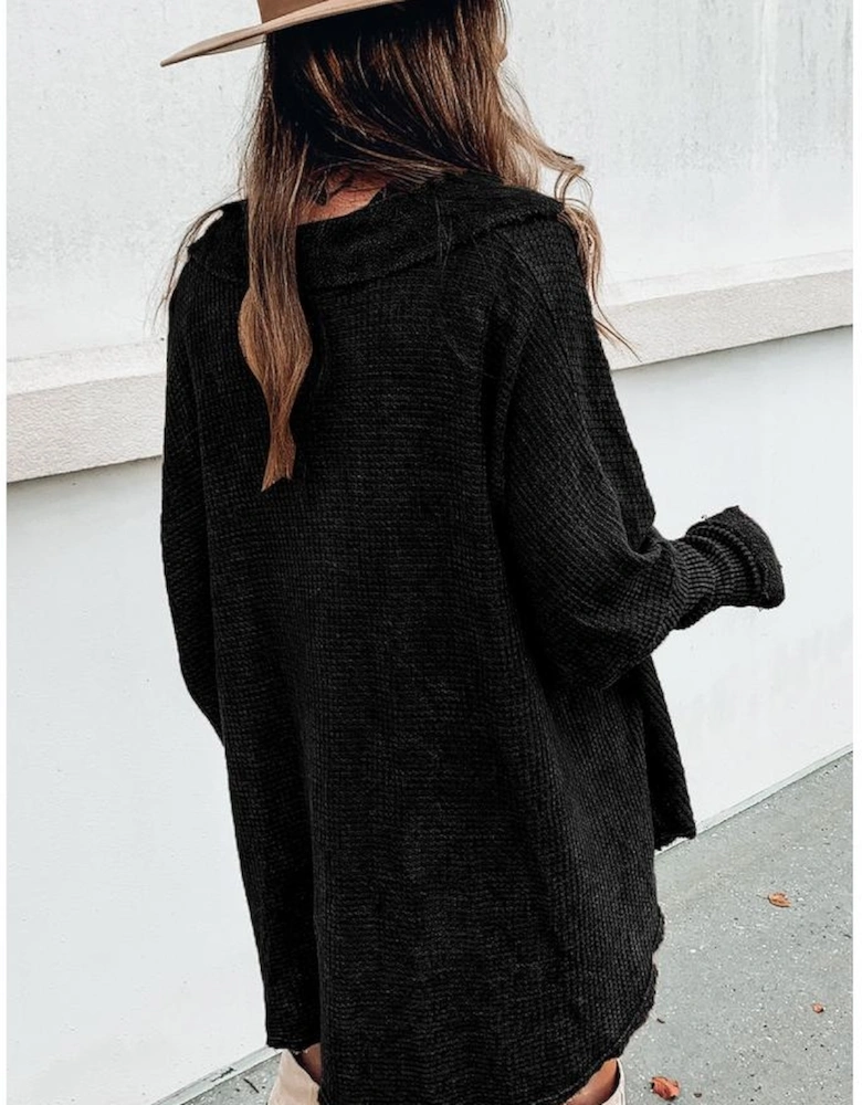 Black Waffle Knit Buttoned Long Sleeve Top