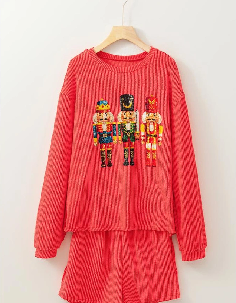 Gold Flame Heat Transfer Christmas Nutcracker Ribbed Long Sleeve Top Shorts Set