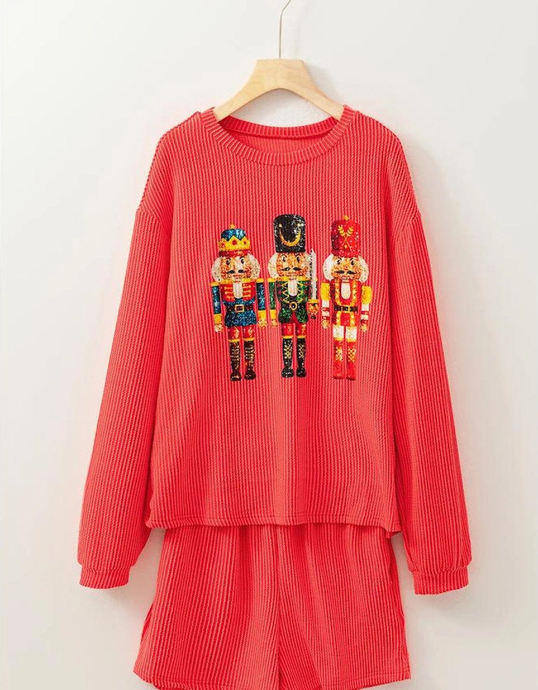 Gold Flame Heat Transfer Christmas Nutcracker Ribbed Long Sleeve Top Shorts Set