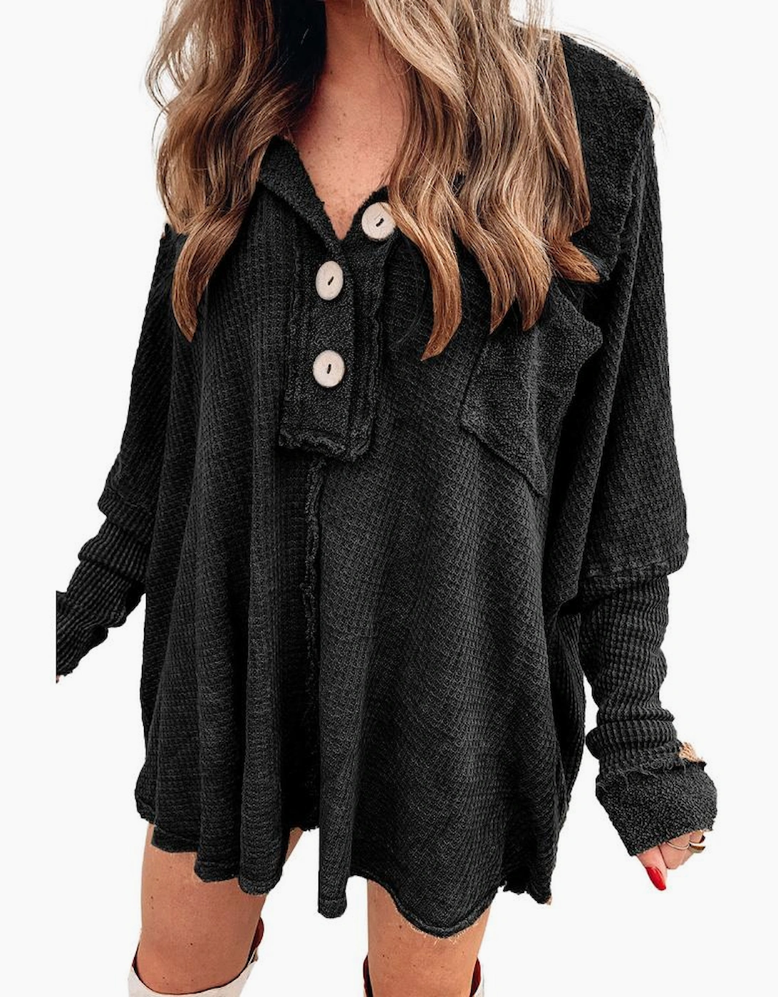 Black Waffle Knit Buttoned Long Sleeve Top