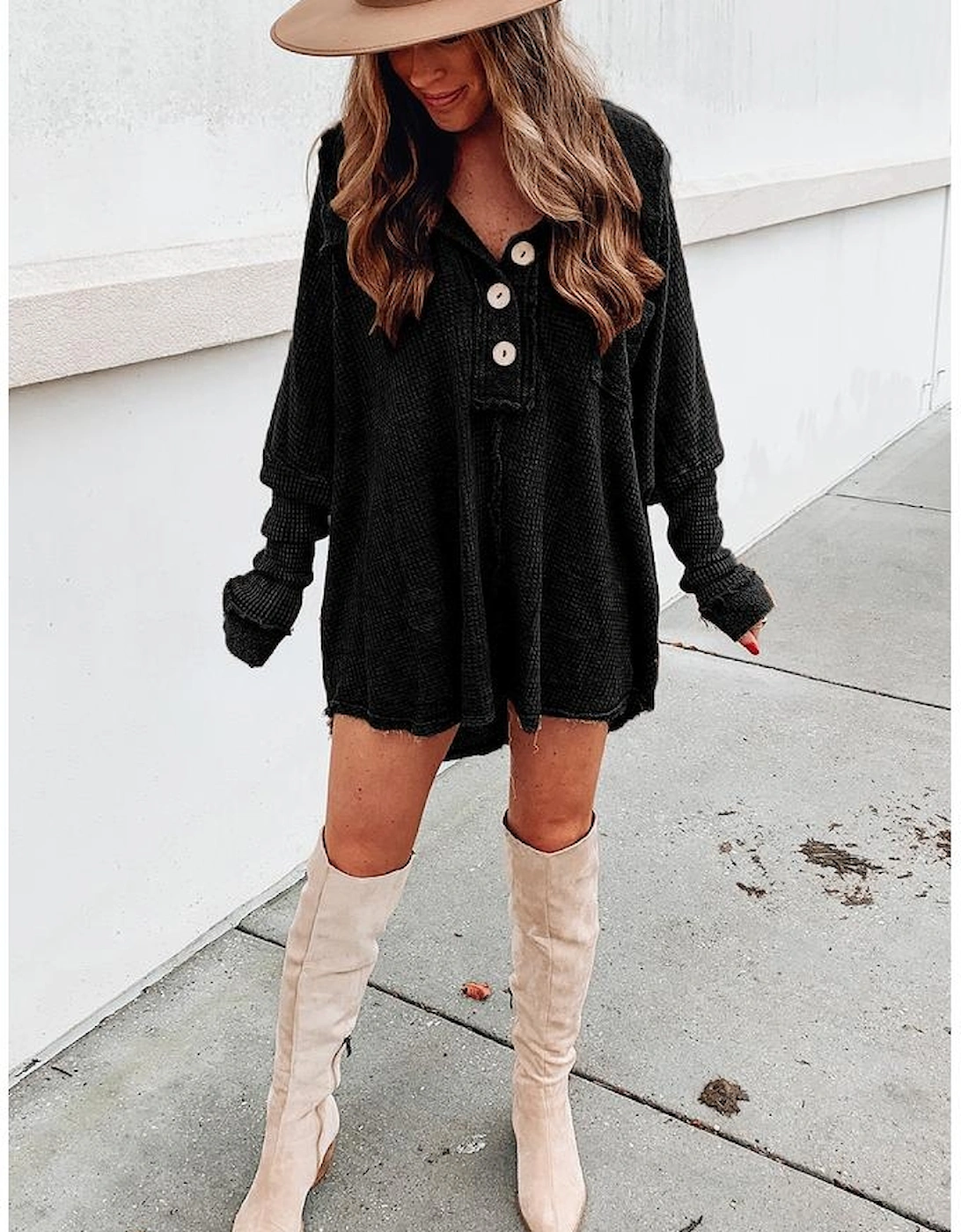 Black Waffle Knit Buttoned Long Sleeve Top