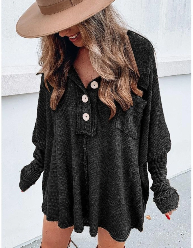 Black Waffle Knit Buttoned Long Sleeve Top