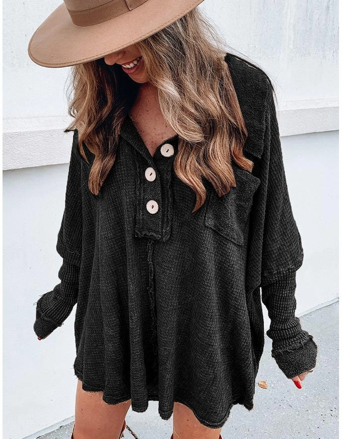 Black Waffle Knit Buttoned Long Sleeve Top