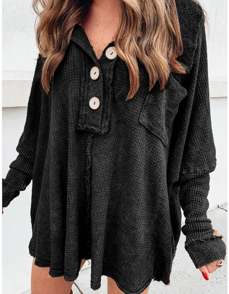 Black Waffle Knit Buttoned Long Sleeve Top