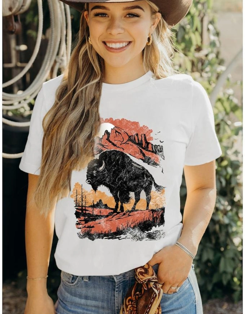 White Western Buffalo On Plains Graphic Crew Neck Tee