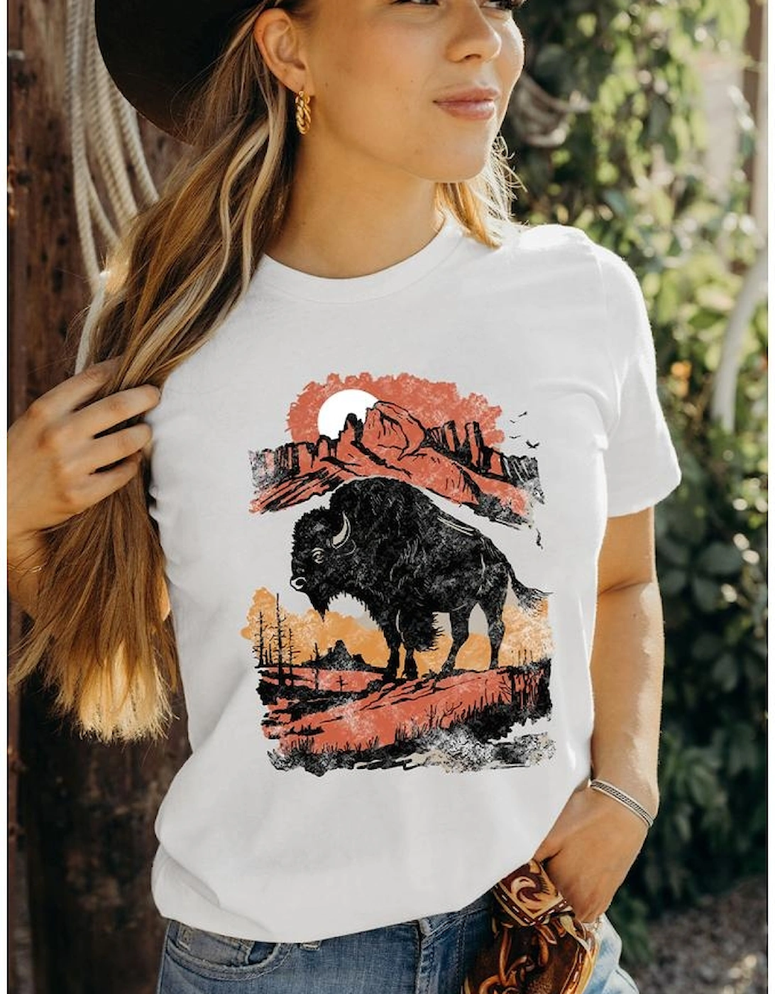 White Western Buffalo On Plains Graphic Crew Neck Tee, 10 of 9